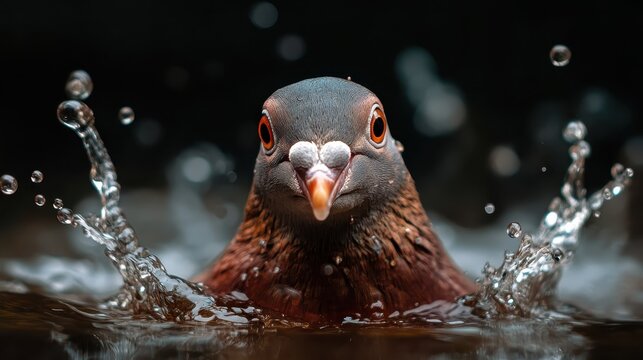 A striking close-up of a pigeon splashing water, capturing the extensive details of its feathers and playful demeanor, embodying a moment of natural beauty and vitality.