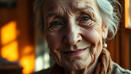 A highly detailed close-up portrait of an elderly woman, with deeply wrinkled skin and expressive, bright blue eyes.