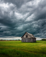 Obraz premium Solitary Wooden Barn under a Dramatic Stormy Sky Rural Landscape Photography