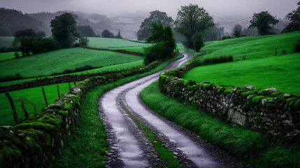 Obraz premium Serpentine Country Lane A Winding Path Through Lush Green Fields