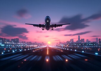 Airplane landing at dusk over city