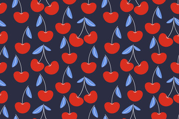 Summer seamless pattern with vector illustrations of fruits Hand drawn healthy food set and cherry cartoon background.	