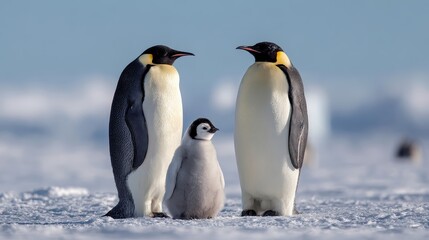 Three penguins standing in the snow with one penguin looking at