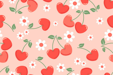 Summer seamless pattern with vector illustrations of fruits Hand drawn healthy food set and cherry cartoon background.	