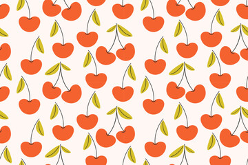 Summer seamless pattern with vector illustrations of fruits Hand drawn healthy food set and cherry cartoon background.	