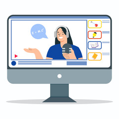 A young teacher explaining energy and mass equivalence formula on video lessons. Online education concept.