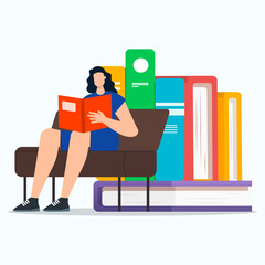 A woman sitting on sofa and reading of book with big icon stack of books on behind her. Education concept.