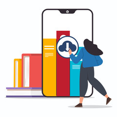 A woman student standing on front of smartphone and clicking download button to downloading e-book. Online education concept.