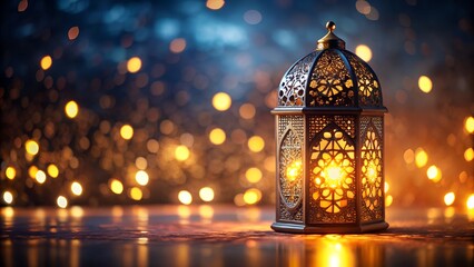 Ornate islamic lantern casting warm golden light with a bokeh background of festive glowing lights