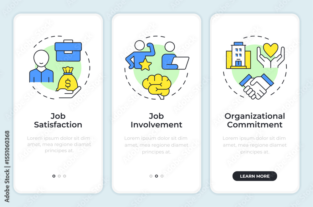 Sticker job attitude onboarding mobile app screen. teamwork organization. walkthrough 3 steps editable graph