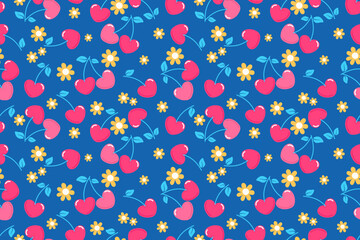 Summer seamless pattern with vector illustrations of fruits Hand drawn healthy food set and cherry cartoon background.	