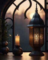 Serene Islamic New Year Scene with Lantern and Calligraphy
