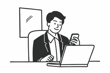 Middle aged Hispanic business manager ceo using cell phone mobile app, laptop. Smiling Latin or Indian mature man businessman holding smartphone sit in office working online on gadget with copy space