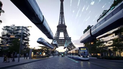 A reimagined Paris of the future, where the iconic Eiffel Tower stands amid levitating vehicles and high-speed hover transit. The blend of historic landmarks with advanced technology creates a dramati - Powered by Adobe