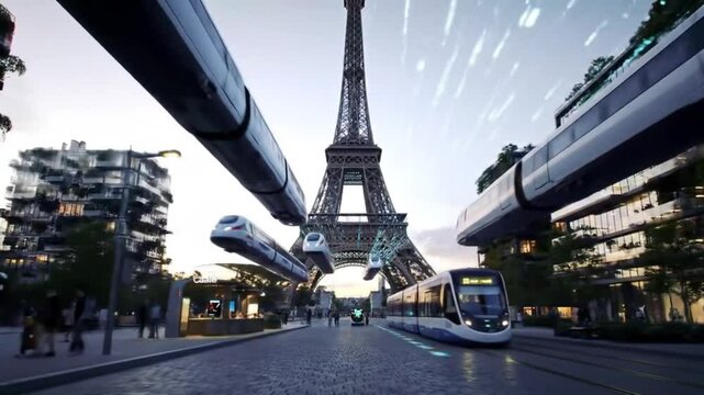 A reimagined Paris of the future, where the iconic Eiffel Tower stands amid levitating vehicles and high-speed hover transit. The blend of historic landmarks with advanced technology creates a dramati