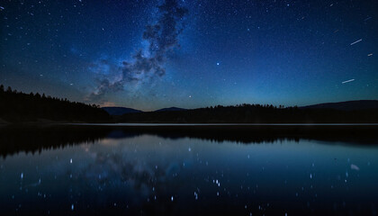 Serene Perseid meteor shower over calm lake at night, natural beauty