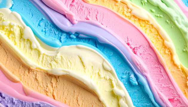 Swirls of pastel-colored ice cream, creamy texture, rainbow hues, close-up view showing delicious dessert