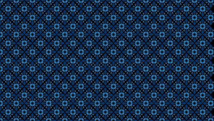 Repeating pattern of blue floral designs on a black background creating a wallpaper effect artfully
