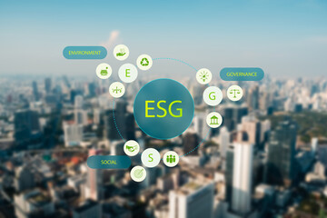ESG sustainability framework,environmental, social, governance strategy represented with infographic icons over modern cityscape, promoting responsible business, ethical practices, green development.