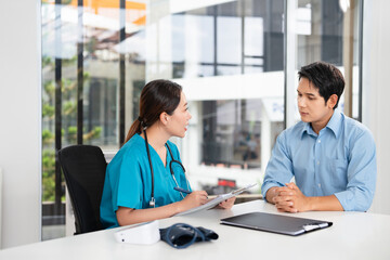 Female doctor giving a consultation to a patient and explaining medical informatics and diagnosis.Consulting, medical and results for patient by doctor for planning, treatment and life insurance.