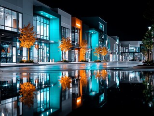 Colorful shopping center reflected in a night puddle