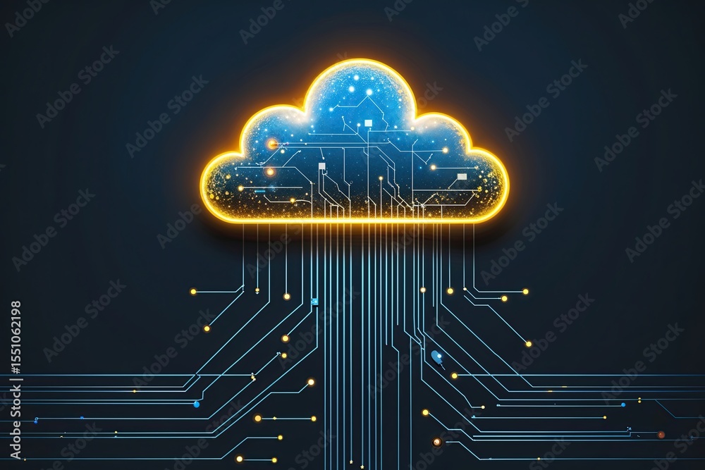 Poster glowing cloud symbol with circuit lines below for digital data storage and connectivity concepts