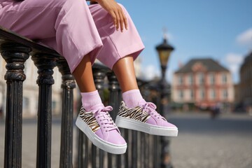 Stylish Woman Wearing Zebra Print Sneakers and Pink Pants Outdoors