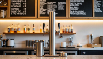 Sleek stainless steel beer tap with minimalist chalkboard menu, modern bar