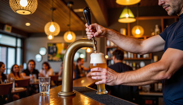 Bartender skillfully pouring a pint of beer in lively pub, evening atmosphere
