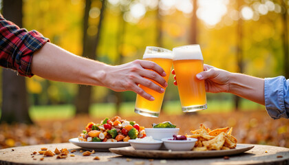 Friends toasting with beers in autumn beer garden, celebration