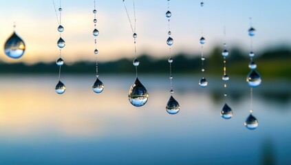 Water droplets hanging from threads, reflecting a serene lake scene
