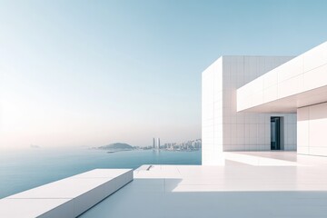 Fototapeta premium Modern white building on a rooftop terrace overlooking the ocean