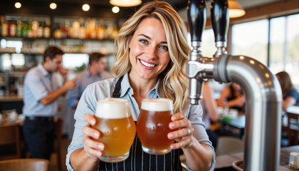 Smiling bartender pouring craft beer in modern bar, festive atmosphere
