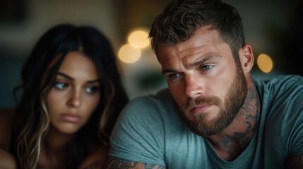 Obraz premium A contemplative couple shares a profound emotional moment, the man's focus reflects deep thought while the woman's expression expresses a sense of concern and contemplation.