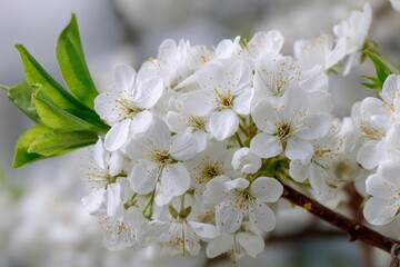 Obraz premium Closeup of white cherry blossoms in full bloom set against a blurred background