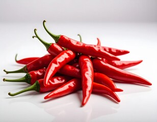 Close-up of a single, vibrant chili, showcasing its texture and intense color, ideal for themes of flavor, spice, and healthy eating, chilli in white background 