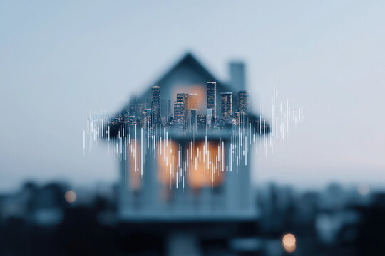 Urban skyline merges with financial data visualization showing market trends.