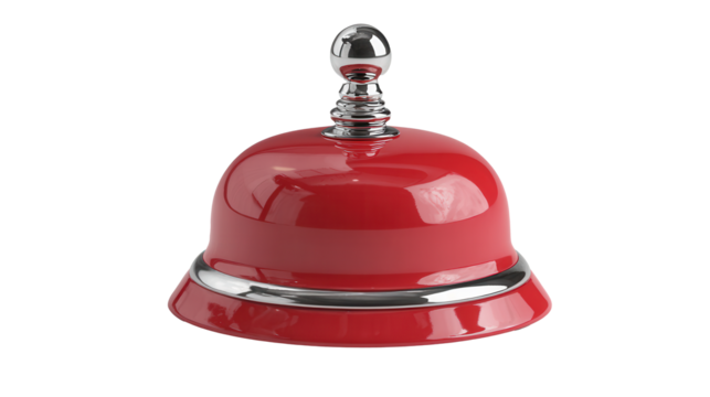 Shiny red hotel service bell standing elegantly on a pristine white background, perfect for hospitality settings and reception areas
