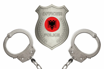 Albania police officer badge with steel handcuffs isolated white background
