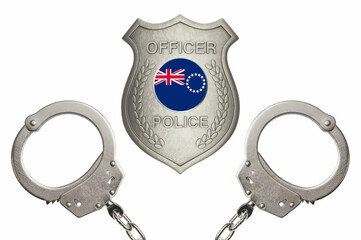 Cook Islands police officer badge with steel handcuffs isolated white background