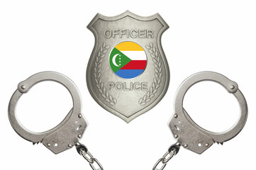 Comoros police officer badge with steel handcuffs isolated white background