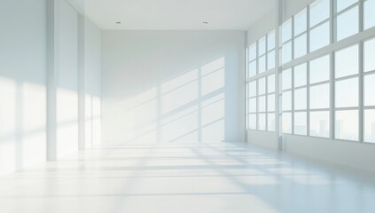 Fototapeta premium Empty white room, sunlight streams through large windows