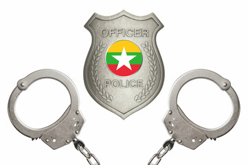 Myanmar police officer badge with steel handcuffs isolated white background