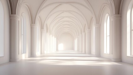 Fototapeta premium Vast, sunlit arched hallway. White pillars, windows, and high ceilings