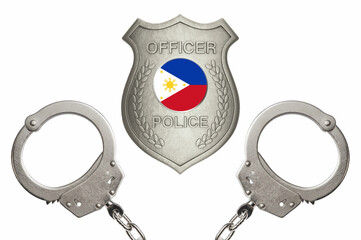 Philippines police officer badge with steel handcuffs isolated white background