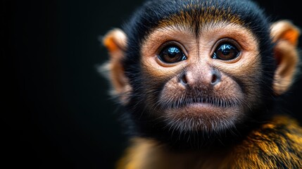 An intimate close-up portrait of a curious monkey highlighting its expressive eyes and fluffy fur, symbolizing the connection between wildlife and human emotions in nature.