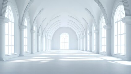 Obraz premium Empty, light-filled, arched hall with columns and large windows