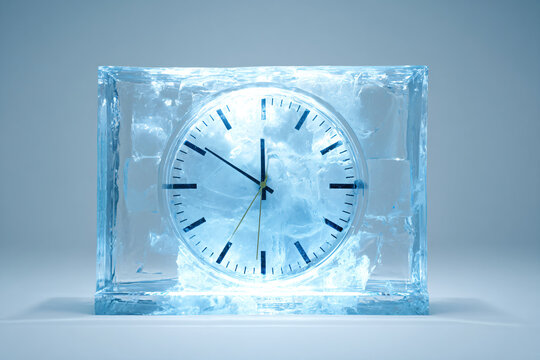 a clock made of ice with a sky background