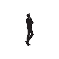 Vector art of silhouette of a pensive man standing in profile, hand to chin, lost in thought, isolated on white background
