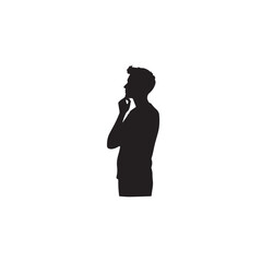 Vector art of silhouette of a man standing in profile, hand to chin, appearing deep in thought, isolated on white background
